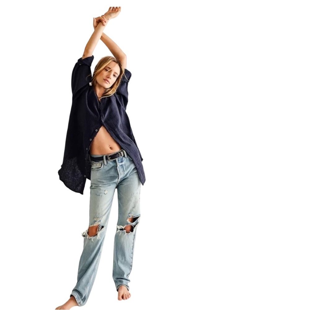 Free people summer daydream indigo Blue button down shirt Top M~boho chic,Gypsy - Picture 3 of 6